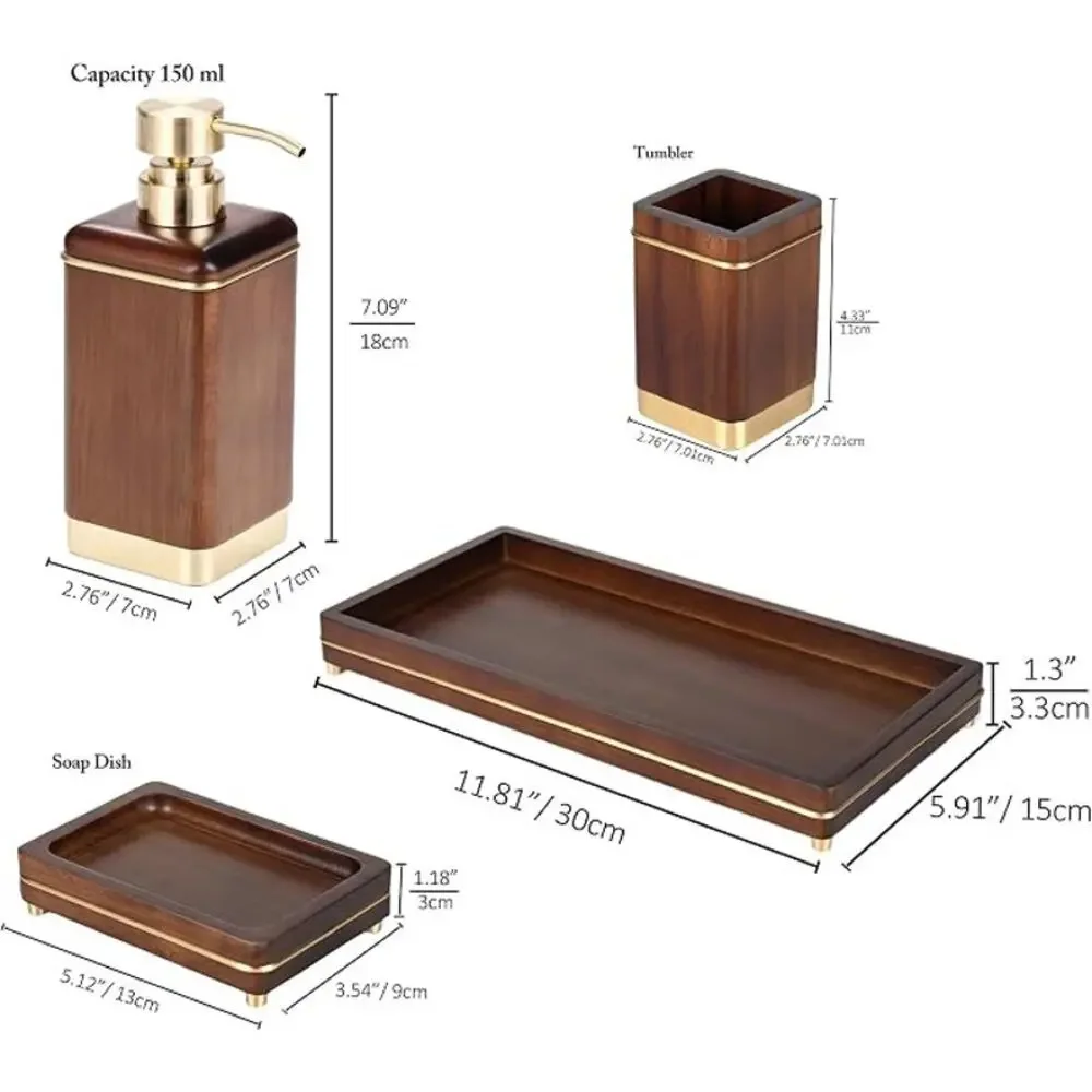Acacia Wood Bathroom Accessory Set Tray Soap Dispenser 4 Pc